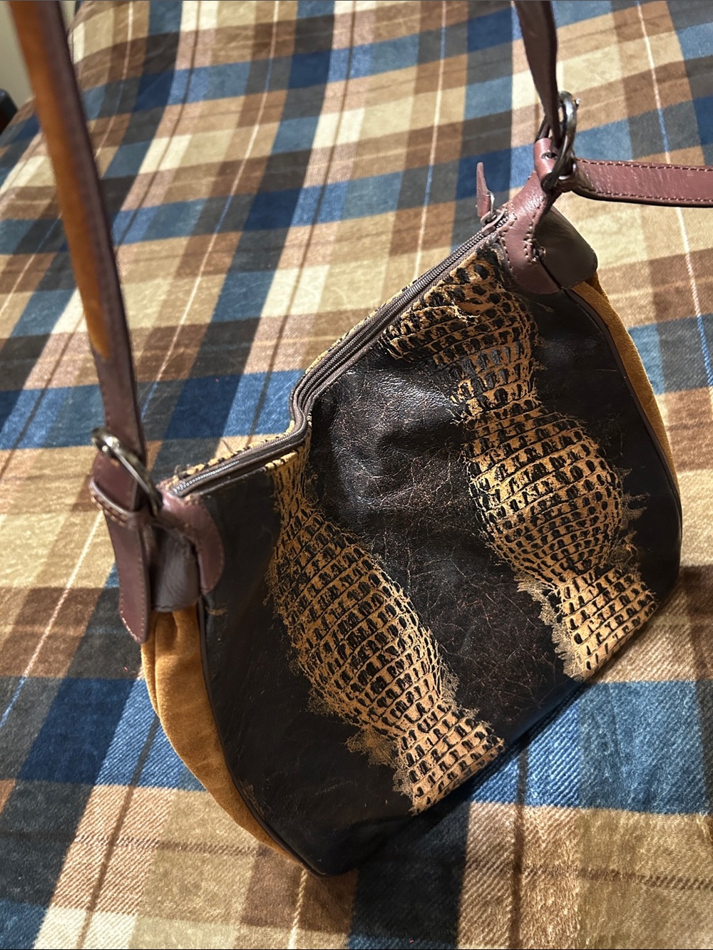 Sondra Roberts Brown and Tan Leather & Suede Shoulder Bag